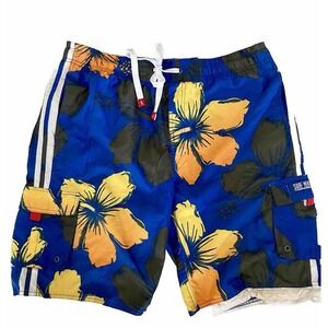 Surf Mentality Men's L Swim Trunks Board Shorts Blue  Yellow Floral‎ Lined